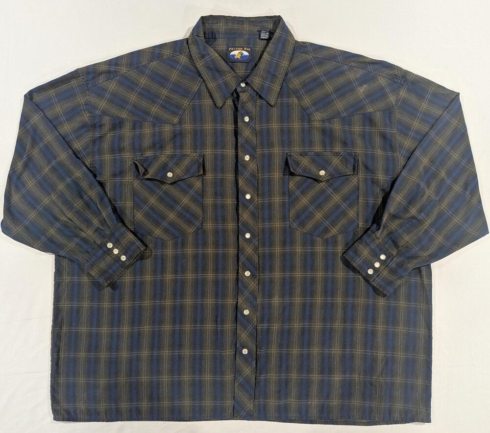 Falcon Bay Shirt Mens Big 3X Blue Plaid Long Sleeve Western Pearl Snap Pockets